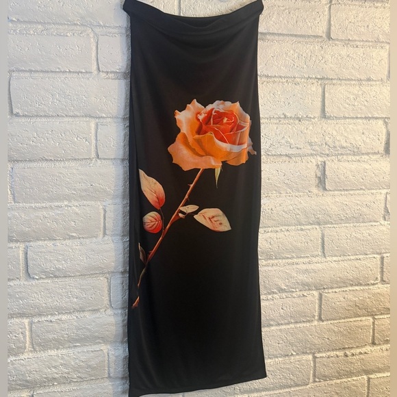 Almost Famous Dresses & Skirts - Almost Famous Black Satin Midi Dress Rose Print Slip Dress Side Slit M